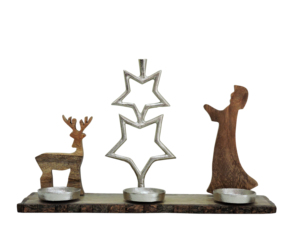 Candelabro Decorativo con Estrella Plateada y Reno, con Base de Madera, Centro de Mesa Navideño - Product Image 1