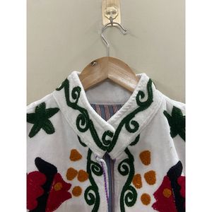 Hand Embroidered Velvet Cotton <b>Jacket</b> <b>Women</b> Mandarin Collar Full Sleeve Autumn Winter Bohemian Eye Pattern Open Front Coat - Product Image 2