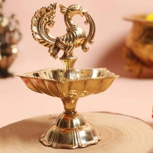 Antique Finish Brass Oil <b>Lamp</b> Set with Ornamental Back Design, Multi Diya Stand for Puja, Temple Decor and Festive Lighting Use - Product Image 4