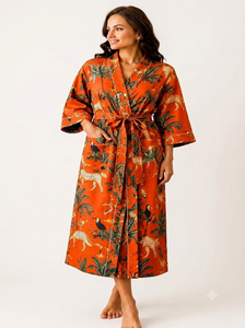 Robe longue en coton pour femme, motif animalier tropical, imprimé safari orange brûlé, écologique, respirante, style kimono, kaftan d'été - Product Image 4
