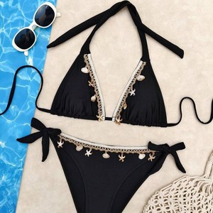 Conjunto de bikini triangular para mujer, top push-up acolchado de dos piezas, cintura alta con lazo ajustable para vacaciones - Product Image 1
