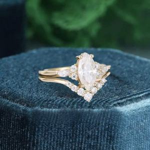 Anillo de Compromiso con Moissanita Corte Marquesa, Conjunto Nupcial Vintage, Plata de Ley 925, Bañado en Oro de 14K, Anillo Curvo - Product Image 2