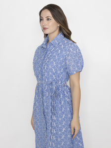 Blue Geometric Print Shirt <b>Dress</b> With <b>Short</b> Sleeves And Flared Hem For Daily Wear <b>Summer</b> Casual Midi Length Woven Cotton <b>Dress</b> - Product Image 3