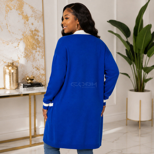 Cardigan long en acrylique Cosh International Sorority Sisterhood, bleu avec bordure contrastée blanche, col rond, manches longues, décontracté - Product Image 5