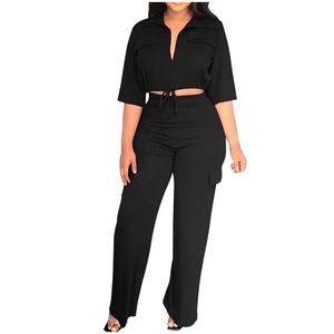Conjunto de 2 Piezas de Estilo Vintage para Mujer, Cuello con Muescas, Temporada de Invierno, Camisa de Manga Corta + Pantalón Largo, Trajes Formales - Product Image 1