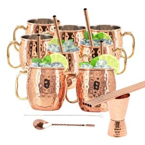 Tazas Moscow Mule de Cobre con Revestimiento de Acero Inoxidable, Juego de 2 con 2 Pajitas, 1 Jigger, 1 Cuchara y 1 Cepillo, Juego de 128 - Product Image 1