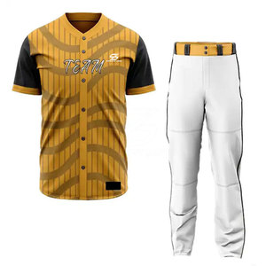 ชุดเบสบอลแบบกำหนดเอง เสื้อเจอร์ซีย์ลายทางสีเหลือง แขนเสื้อสีดำ กางเกงสีขาว สำหรับผู้ชาย ผู้ใหญ่ โพลีเอสเตอร์ 100% ระบายอากาศได้ดี ไร้รอยต่อ - Product Image 1