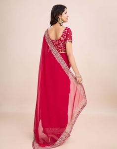 KV <b>Red</b> Embroidered Pre-Draped <b>Saree</b> With Unstitched Blouse - Product Image 4
