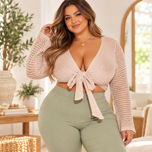 Top Corto de Punto Beige para Mujer, Manga Larga, Cuello en V, Lazo, Sexy, para Club, Verano, Transpirable, Color Sólido, Tejido a Mano - Product Image 3