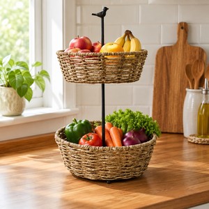 Panier à fruits personnalisable et écologique à 2 niveaux en corde de jute naturelle, tressé à la main par un artisan indien, en rotin, pour rangement et décoration florale - Product Image 2