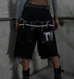 <b>Denim</b> Manufacturer Custom Double Waist Knees Diamonds Rhinestone Baggy Cargo 100% Cotton Solid Quick Dry Eco-Friendly Men's - Product Image 5