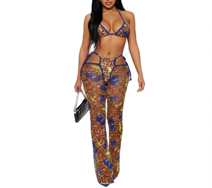 PEEQI FC1471 Summer Women's One <b>Set</b> Leopard Print Halter Top Pants Breathable Nonwoven Fabric Sleeveless Lace-Up <b>Sexy</b> Club Style - Product Image 2