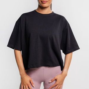T-shirt court oversize pour femme, noir uni, épaules tombantes, col rond, coupe ample, jersey tricoté, manches courtes, style toutes saisons - Product Image 4