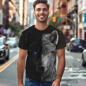 Men's Wolf Face <b>Animal</b> <b>Pattern</b> Short Sleeve O-Neck T-Shirt Digital Printed Casual Oversized Fit Jersey <b>Knitted</b> 100% Cotton - Product Image 2