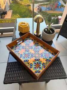 Modern Wooden <b>Serving</b> <b>Tray</b> with Mediterranean Enameled <b>Trays</b> Decorative Vintage <b>Wood</b> Tea Coffee Platter for Home & Hotel By UO - Product Image 6