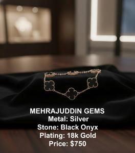 Vintage 18k <b>Solid</b> Gold 5 Clover Chain & Link Charm <b>Bracelet</b> with Black Onyx Engagement Gift for Unisex Party Wear - Product Image 4