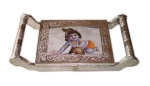 <b>Rectangular</b> Metal Tray With Folk Art Painting Handcrafted Decorative Home Accent Piece - Product Image 4