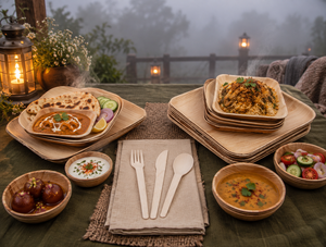 Nouvelles assiettes jetables écologiques en feuilles de palmier Areca de 10 pouces carrées avec couverts en bois de bouleau, lot de 50 pièces - Product Image 1