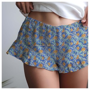 Pantalones Cortos de Verano Hechos a Mano para Mujer, Estampado Bagru, Algodón, Estampado en Bloque, con Volantes, para Playa - Product Image 1