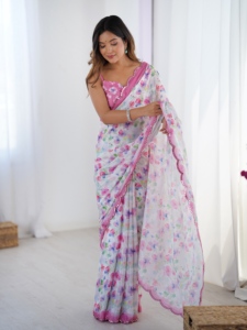 Sari de chinnon pesado y suave con estampado elegante y hermoso trabajo Kutchi, borde de encaje con espejos, para mujer, ropa de boda, sari indio. - Product Image 5