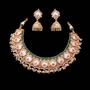 Preeti MOP Antique Gold Plated Zircon Designer Necklace Set for Wedding - Product Image 4