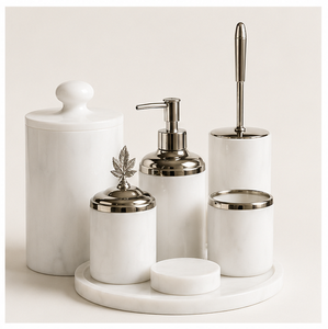 Ensemble d'accessoires de salle de bain en marbre blanc naturel au design attrayant, suite d'articles sanitaires modernes pour hôtel avec distributeur de savon - Product Image 1