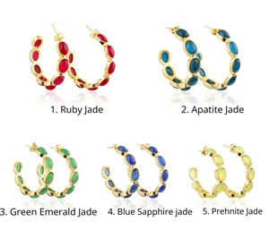 Créoles tendance plaquées or 18 carats avec pierre de jade ovale colorée, boucles d'oreilles uniques et originales pour femmes, fermoir poussoir, style minimaliste, vente en gros - Product Image 1
