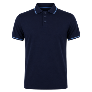 Men's <b>Navy</b> Blue Short Sleeve Cotton Pique <b>Polo</b> <b>Shirt</b> With Light Blue Trim Casual Wear - Product Image 1