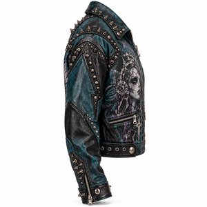 Dark Teal Leather <b>Jacket</b> <b>Womens</b> Gothic Angel Graphic Spike Stud Collar Zip Pocket Biker Coat Custom OEM ODM Offer Provider - Product Image 3