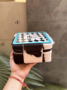 Latest Fashion Hand Tooled Leather Big Size Jewelry Storage <b>Box</b> Leather Black Checks Pattern <b>Makeup</b> <b>Box</b> Organizer <b>Box</b> - Product Image 4