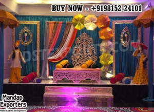 Colorful Mehndi Stage <b>Backdrop</b> with Mirror <b>Frames</b> and Swing Mehndi Function Stage <b>Backdrop</b> Grand Bollywood Theme Sangeet Decor - Product Image 5