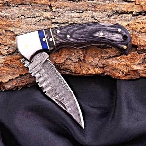 Cuchillo Plegable de Acero de Damasco con Patrón de Escalera, Bloqueo Trasero, Mango de Madera Pakka, Funda, Cuchillo EDC de Bolsillo para Camping, OEM, Venta Caliente - Product Image 3