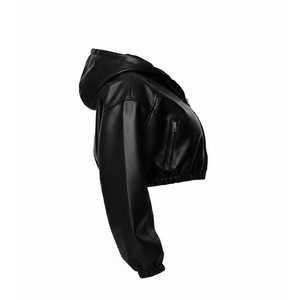 Cropped Hooded Bomber <b>Jacket</b> Women PU <b>Leather</b> Full Sleeve Solid Color Zipper Closure Autumn Style Windproof - Product Image 2