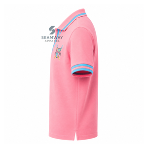 เสื้อโปโลแกมมา ฟิ เดลต้า ซอร์โรริตี้ สำหรับผู้หญิง สีชมพู-น้ำเงินลายทาง คอวี ผ้าปิเก้ถัก แขนสั้น ปักลายตราสัญลักษณ์ คอปก - Product Image 3