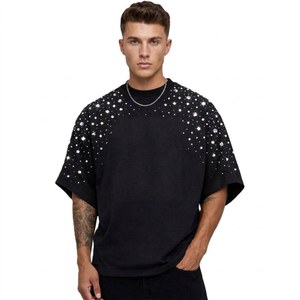 Camiseta de Hombre con Hombros Caídos y Pedrería, Estilo Moderno, de Gran Calidad, 100% Algodón, Cuello Redondo, Informal, Marca Privada - Product Image 5