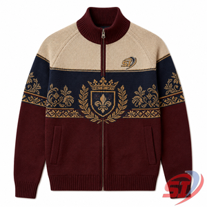 Veste en tricot intarsia de luxe sur mesure, cardigan côtelé à fermeture éclair intégrale, pull jacquard, design personnalisé, OEM, marque privée - Product Image 1