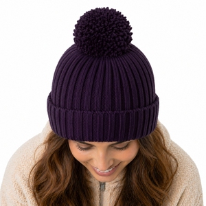 Unisex Knit Beanie <b>Hat</b> <b>Purple</b> Pom Pom Winter Cap Casual Stretch Fit Adult Headwear Solid Color Hand Knitted Acrylic Warm Cozy - Product Image 4