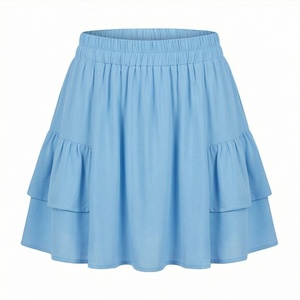 Mini-jupe trapèze bleu clair pour femme, taille élastique, volants en mousseline, style doux, tenue décontractée d'été - Product Image 1