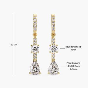 Pendientes Colgantes de Oro Fino de 14K con Diamantes Cultivados en Laboratorio, 1.75CTW, Forma de Pera y Redonda, Joyería Elegante para Regalo de Aniversario - Product Image 2