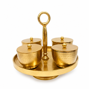 4 Piece <b>Metal</b> Dry Fruit Serving Tray Set with Lid Ring Handle Gold Snack <b>Bowl</b> Platter Tabletop Decor Gift Dish - Product Image 1