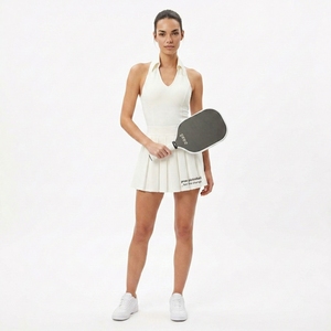 Robe athlétique pour femme, col halter, dos et côtés ouverts, découpe au niveau du ventre, jupe plissée, respirante, séchage rapide, tenue de sport. - Product Image 4