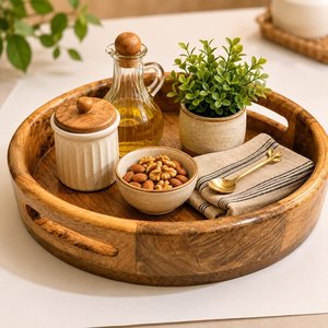 Bandeja Redonda de Madera para Servir con Asas, Diseño Minimalista, un Solo Compartimiento, Bandejas de Almacenamiento para Cocina, Acabado Natural - Product Image 1