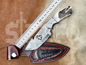 Cuchillo de caza OEM Wirecut de acero de Damasco, tipo Skinner, con mango de asta de ciervo, hoja fija, para camping, actividades al aire libre y EDC, con funda de cuero. - Product Image 6