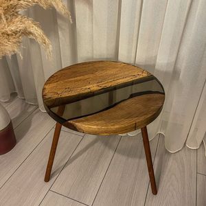 Round Wood <b>Resin</b>/ Side <b>Table</b> With Natural Grain And <b>Epoxy</b> River Design Handmade Nature Theme Decorative Accent Piece - Product Image 1