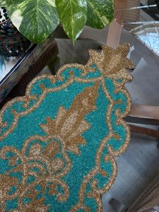 Luxury Embroidered Floral <b>Table</b> <b>Runner</b> <b>Teal</b> Gold Beaded Home Decor Washable - Product Image 6