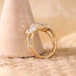 3.5ct Elongated oval Cut Lab Grown Diamond Three Stone <b>Ring</b> Victorian Style 18K Yellow Gold <b>Split</b> Band Custom Wholesale - Product Image 3