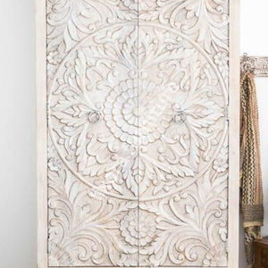 Luxury Handcrafted Solid Wood 2 Door <b>Wardrobe</b> Ornate Botanical Mandala Carving White Distressed Finish - Product Image 6