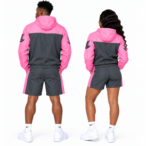 Ensemble de survêtement coupe-vent unisexe léger rose et gris avec blocs de couleur, capuche zippée, design sportif, en polyester respirant - Product Image 6