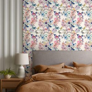 Carta da Parati Botanica con Farfalle Fatate Rosa/Viola, Carta Adesiva Gialla e Blu Stile Vintage - Product Image 5