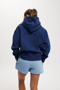 Nouveau sweat à capuche court bleu marine pour femme avec logo orange imprimé, en molleton, manches longues, décontracté, pour l'automne, avec poches - Product Image 3
